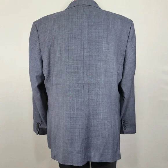 Egara Men's Sport Coat Blazer Two Button Navy Blue Plaid Wool Polyester Slim 50L